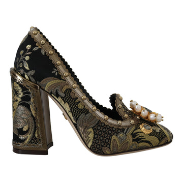 Dolce & Gabbana Gold Crystal Square Toe Brocade Pumps Shoes