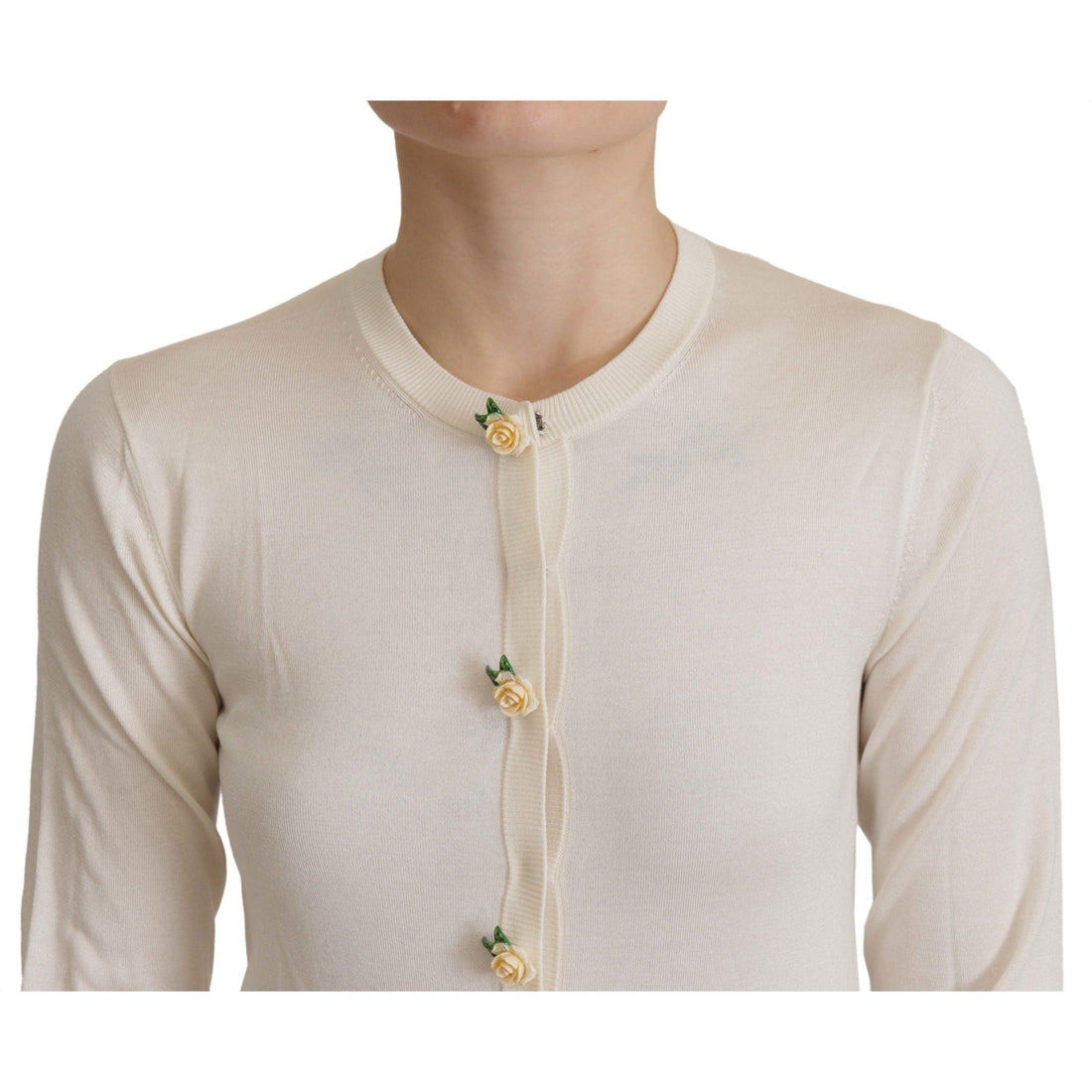 Dolce & Gabbana White Silk Knit Rose Button Cardigan Sweater