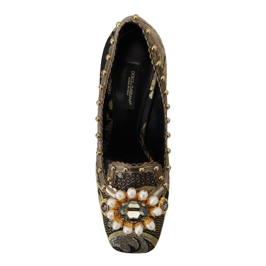 Dolce & Gabbana Gold Crystal Square Toe Brocade Pumps Shoes