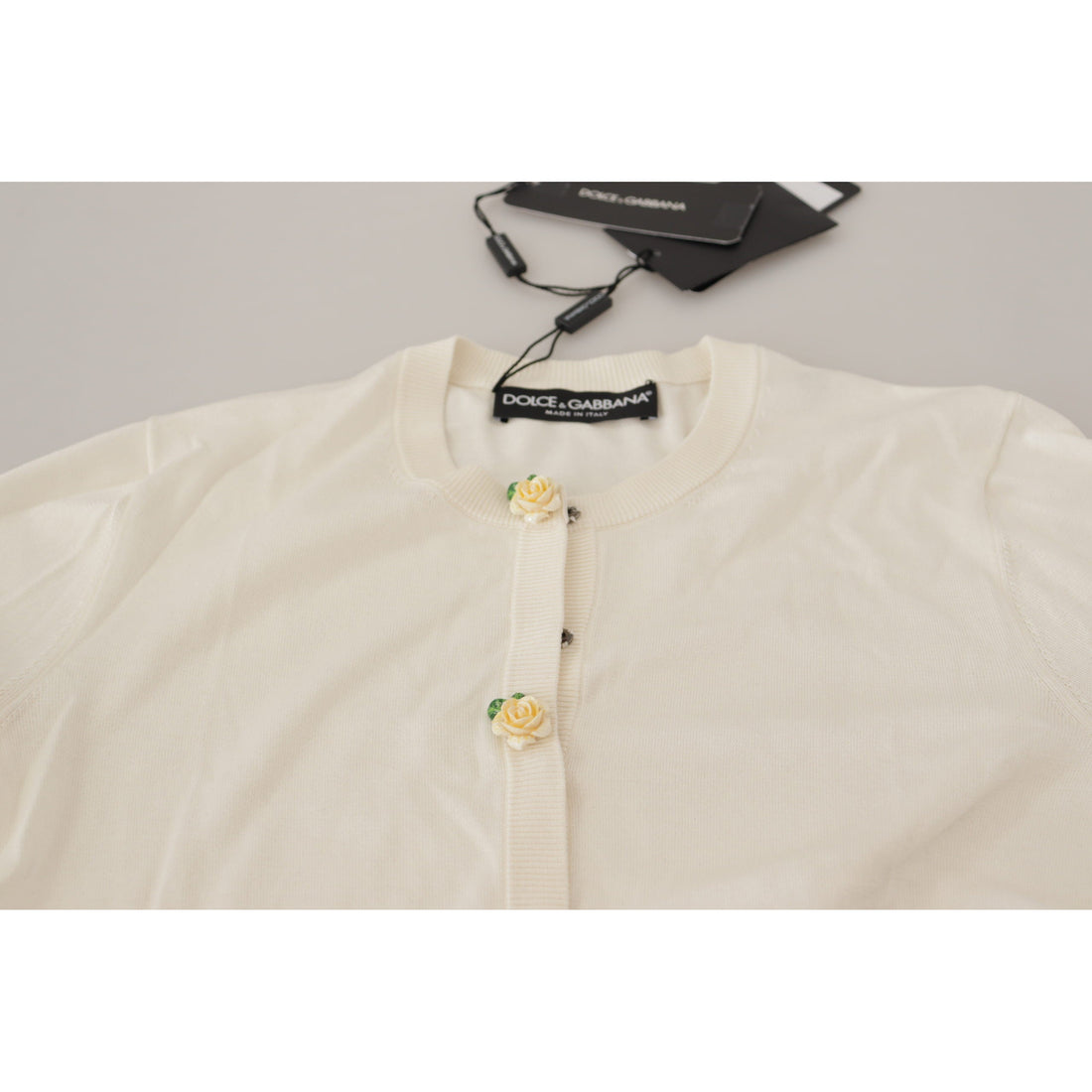 Dolce & Gabbana White Silk Knit Rose Button Cardigan Sweater