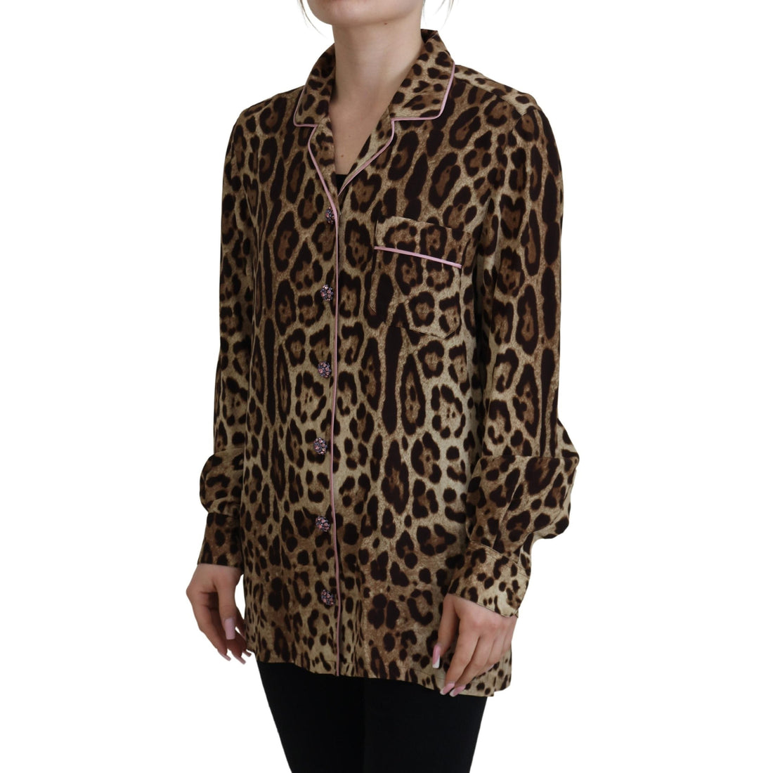 Dolce & Gabbana Elegant Silk Leopard Print Collared Top