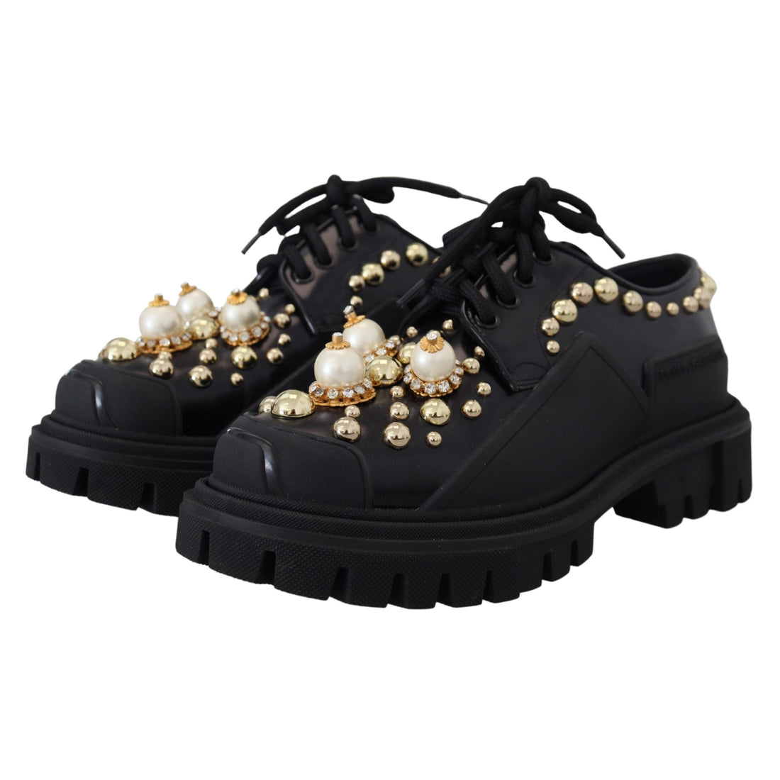 Dolce & Gabbana Black Leather Trekking Derby Embellished Shoes