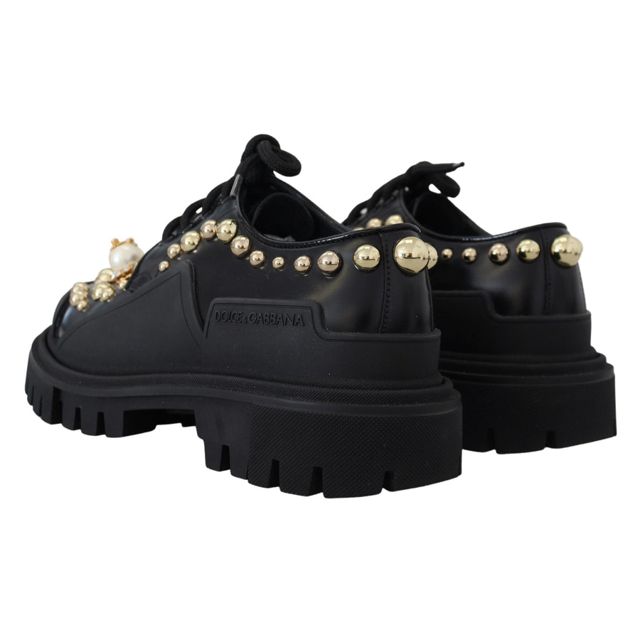 Dolce & Gabbana Black Leather Trekking Derby Embellished Shoes