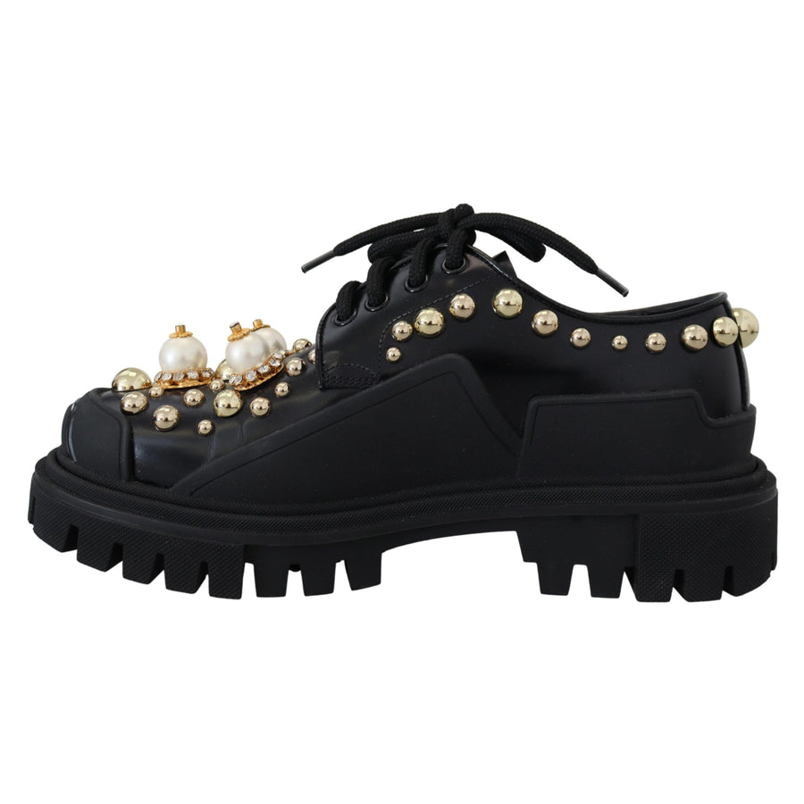 Dolce & Gabbana Black Leather Trekking Derby Embellished Shoes