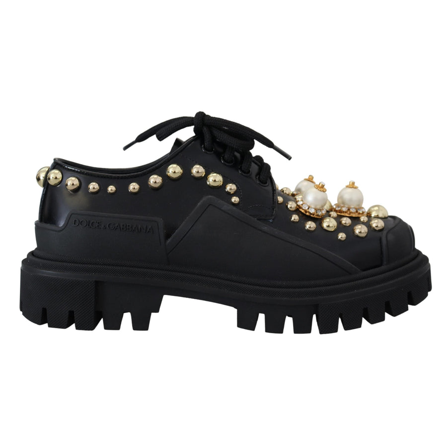 Dolce & Gabbana Black Leather Trekking Derby Embellished Shoes