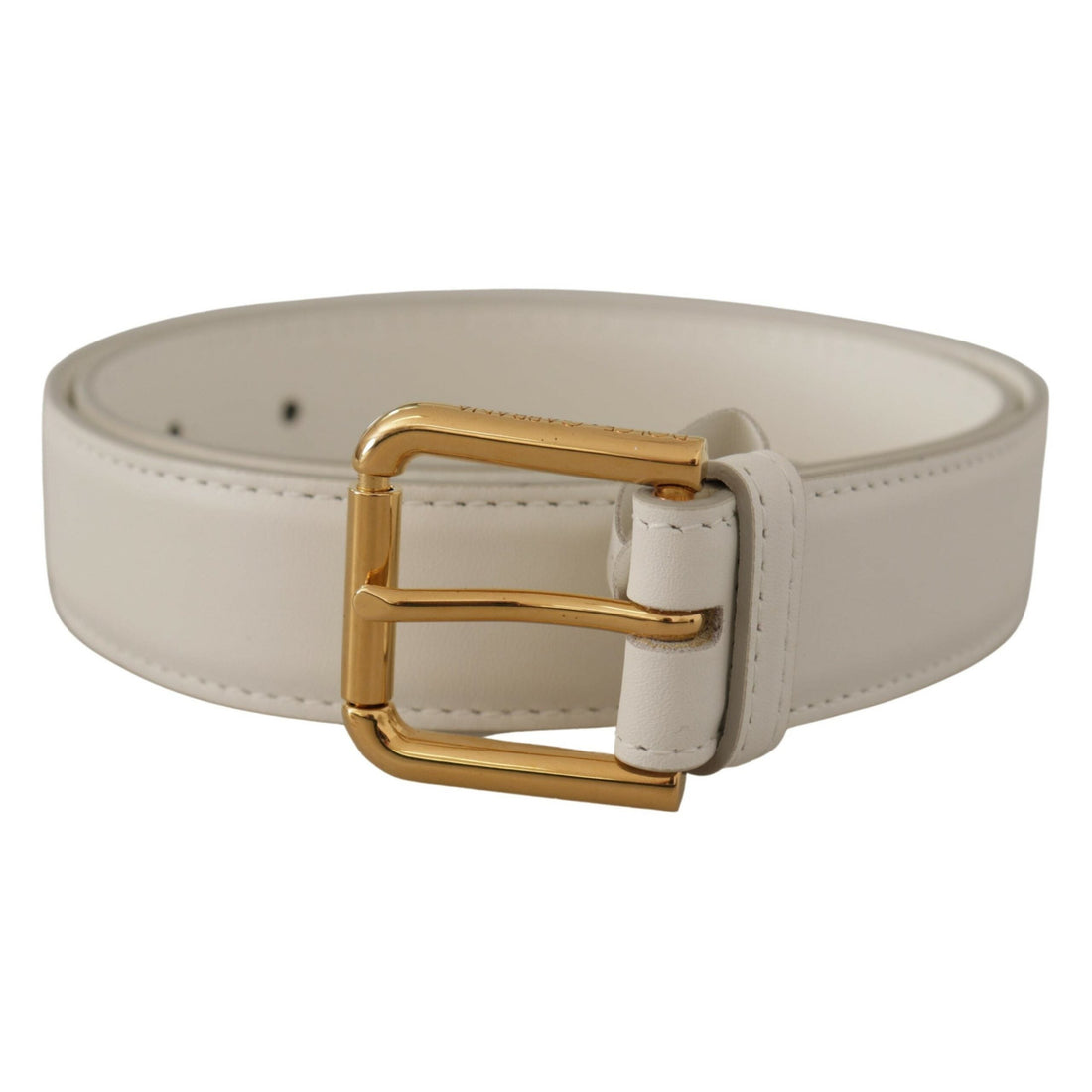 Dolce & Gabbana Chic White Leather Belt with Gold Engraved Buckle