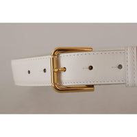 Dolce & Gabbana Chic White Leather Belt with Gold Engraved Buckle