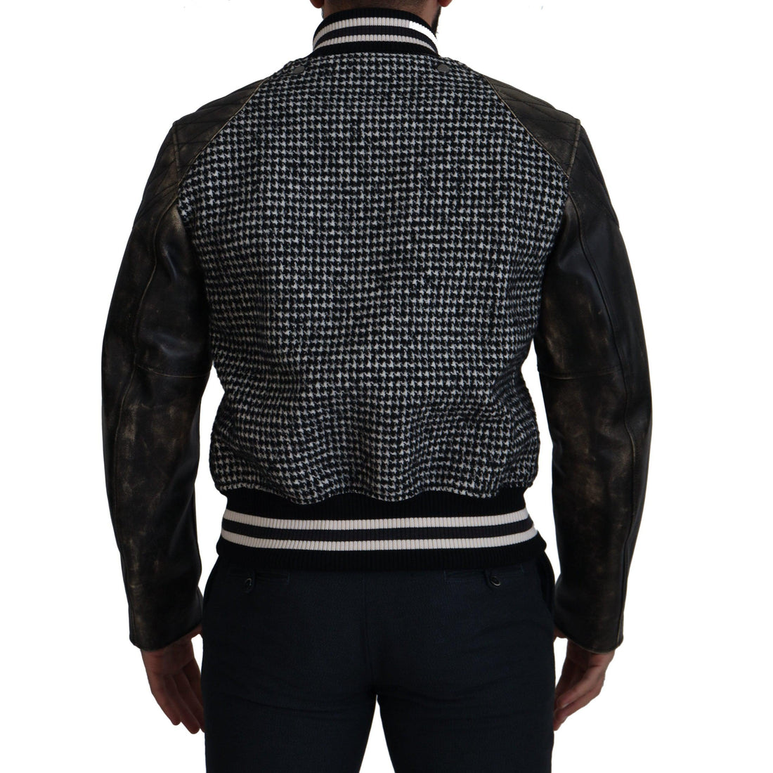 Dolce & Gabbana Multicolor Houndstooth Leather Bomber Jacket