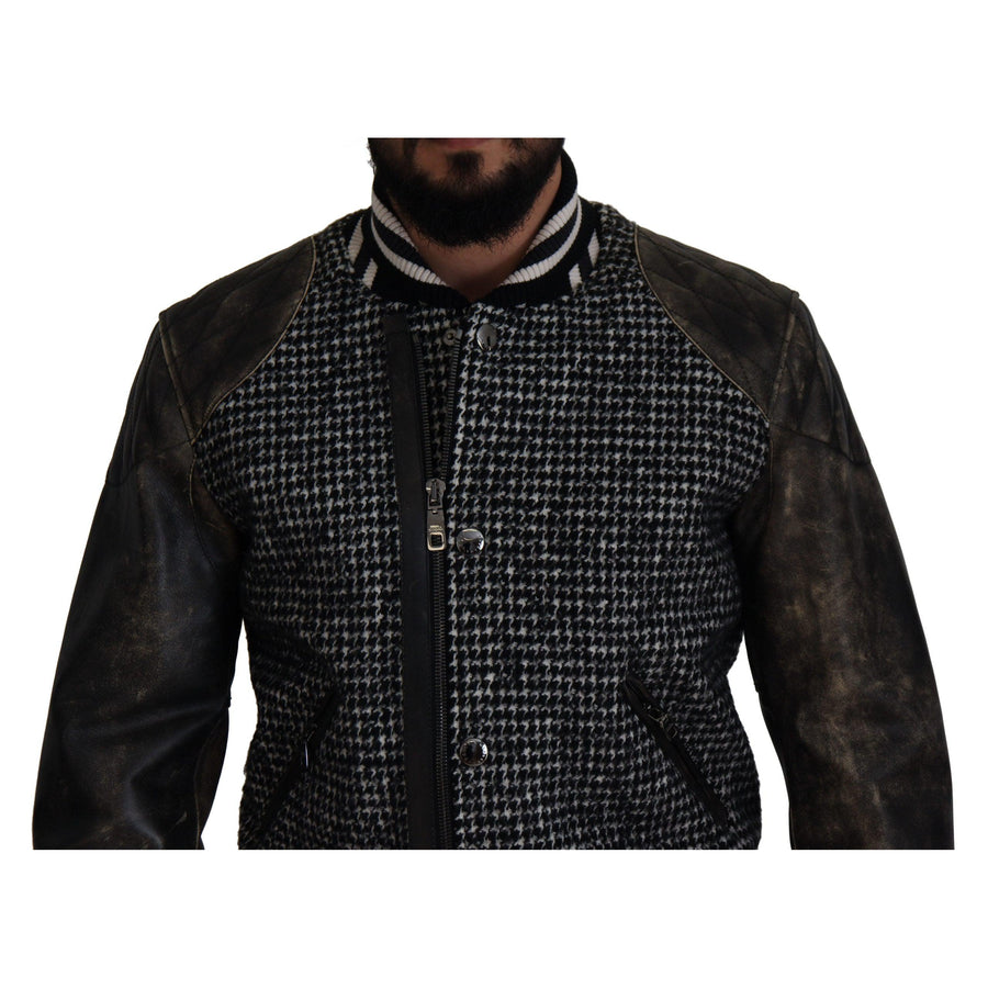 Dolce & Gabbana Multicolor Houndstooth Leather Bomber Jacket