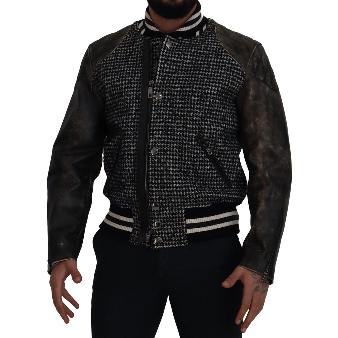 Dolce & Gabbana Multicolor Houndstooth Leather Bomber Jacket