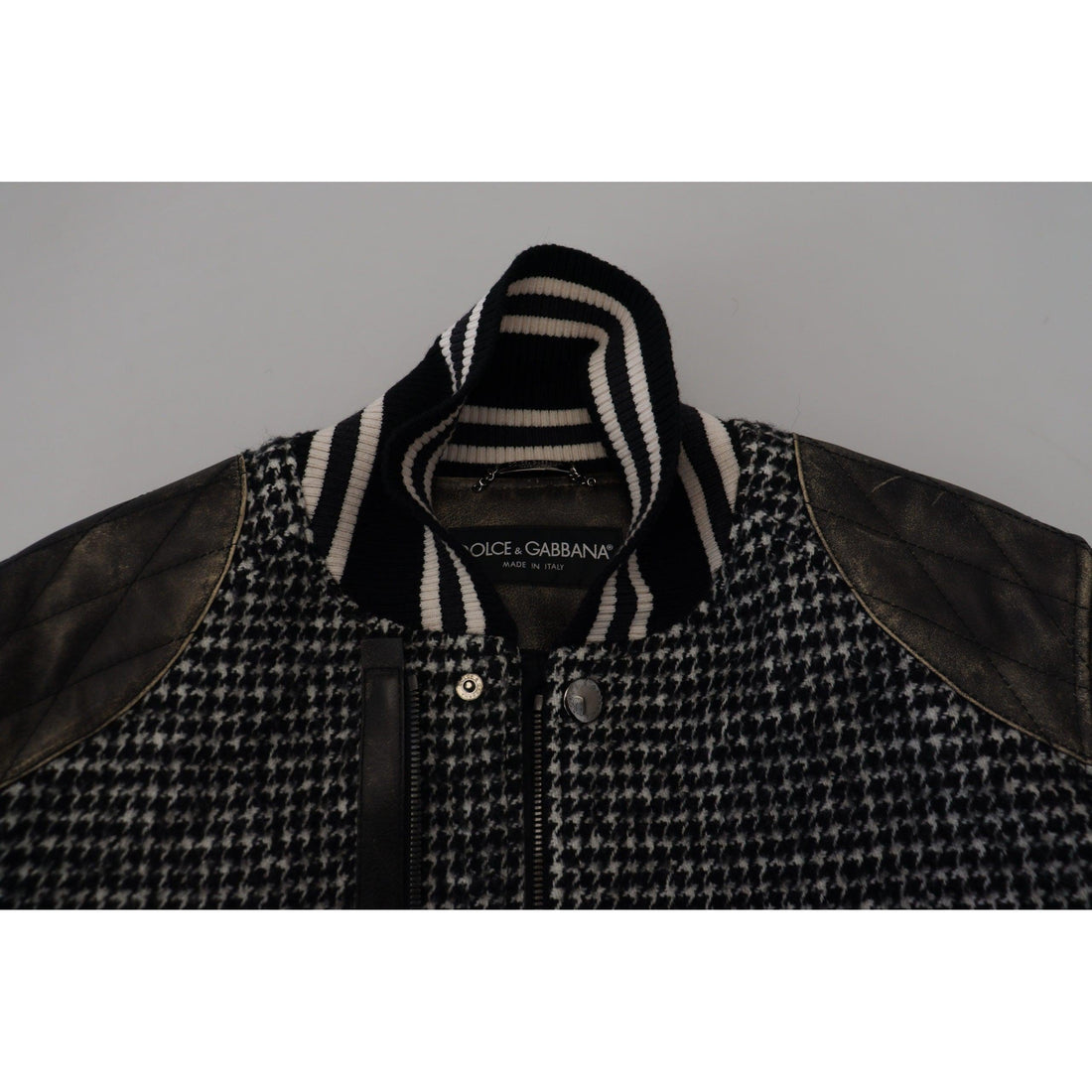 Dolce & Gabbana Multicolor Houndstooth Leather Bomber Jacket