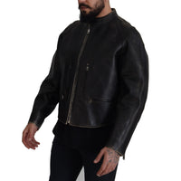 Dolce & Gabbana Elegant Black Leather Jacket with Silver Details