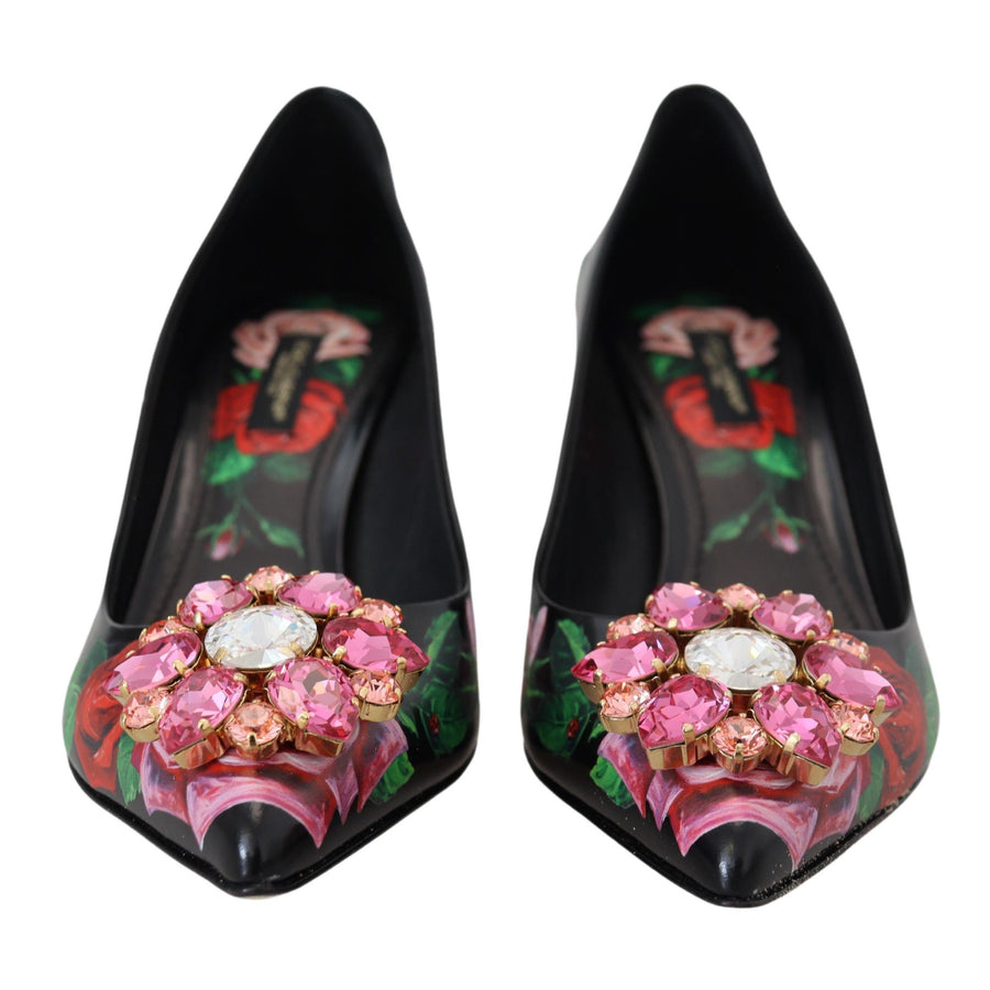 Dolce & Gabbana Black Floral Print Crystal Heels Pumps Shoes