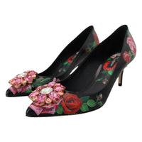 Dolce & Gabbana Black Floral Print Crystal Heels Pumps Shoes