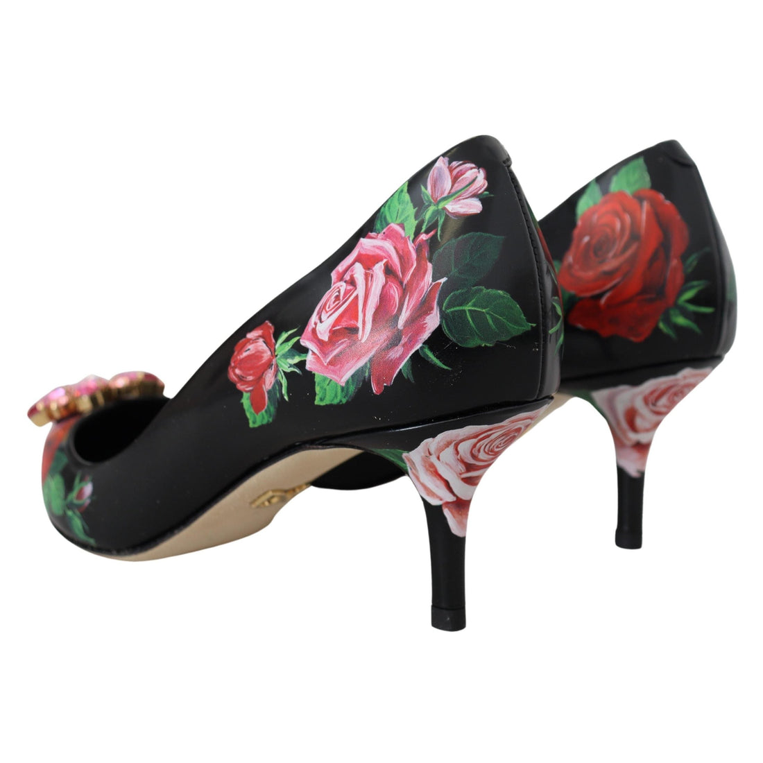 Dolce & Gabbana Black Floral Print Crystal Heels Pumps Shoes