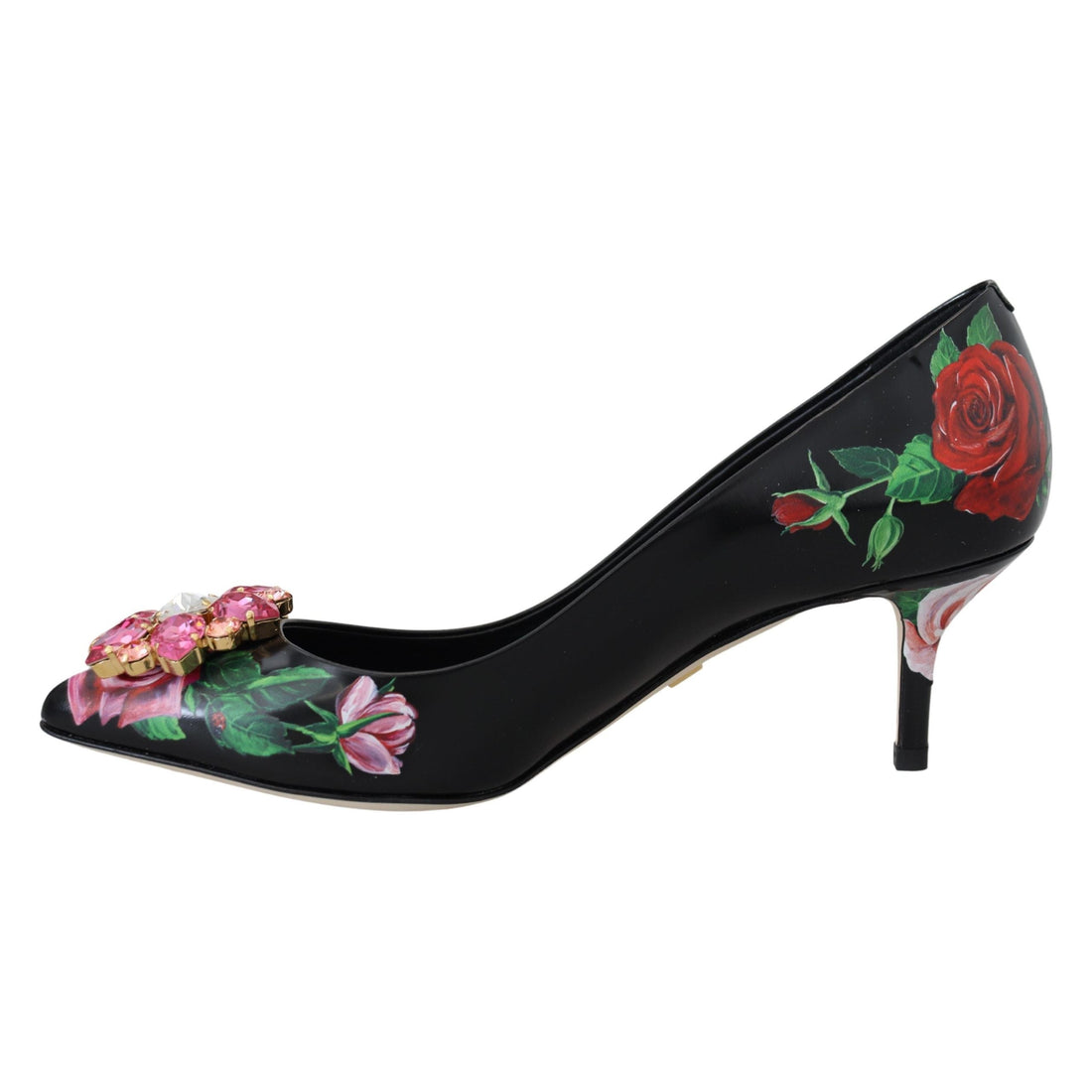 Dolce & Gabbana Black Floral Print Crystal Heels Pumps Shoes