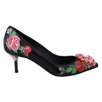 Dolce & Gabbana Black Floral Print Crystal Heels Pumps Shoes