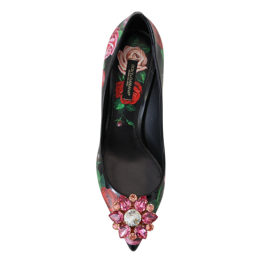 Dolce & Gabbana Black Floral Print Crystal Heels Pumps Shoes