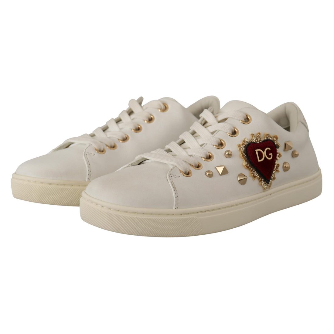 Dolce & Gabbana White Leather Gold Red Heart Sneakers Shoes