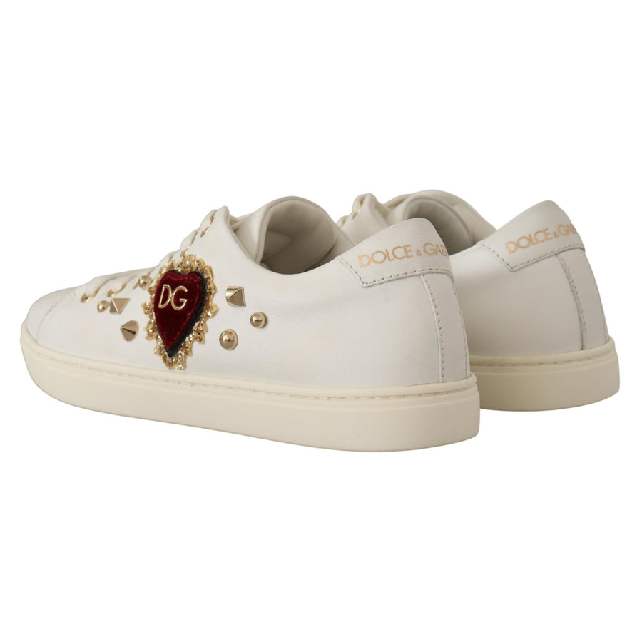 Dolce & Gabbana White Leather Gold Red Heart Sneakers Shoes