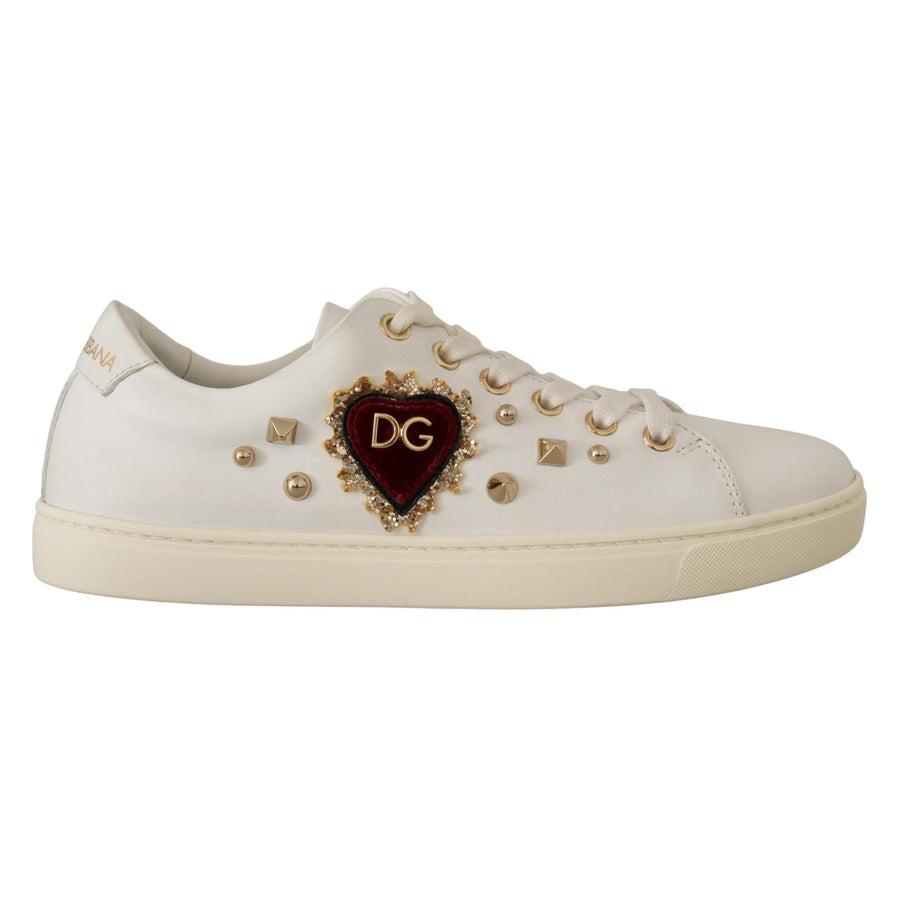 Dolce & Gabbana White Leather Gold Red Heart Sneakers Shoes