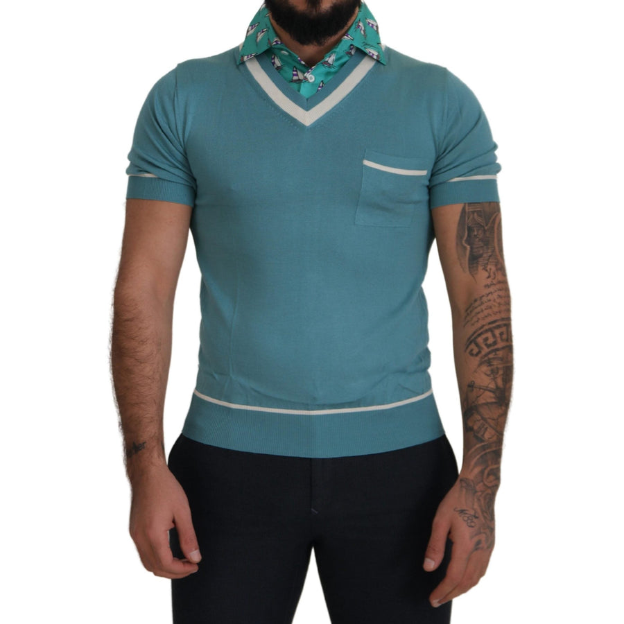 Dolce & Gabbana Blue Silk Polo Top Mens V-neck  T-shirt