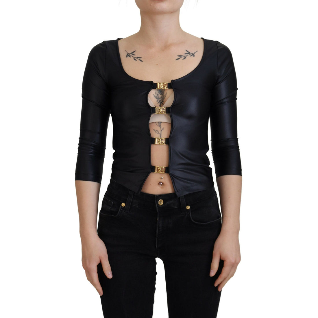 Dolce & Gabbana Elegant Black 3/4 Sleeve Top with Gold Detailing