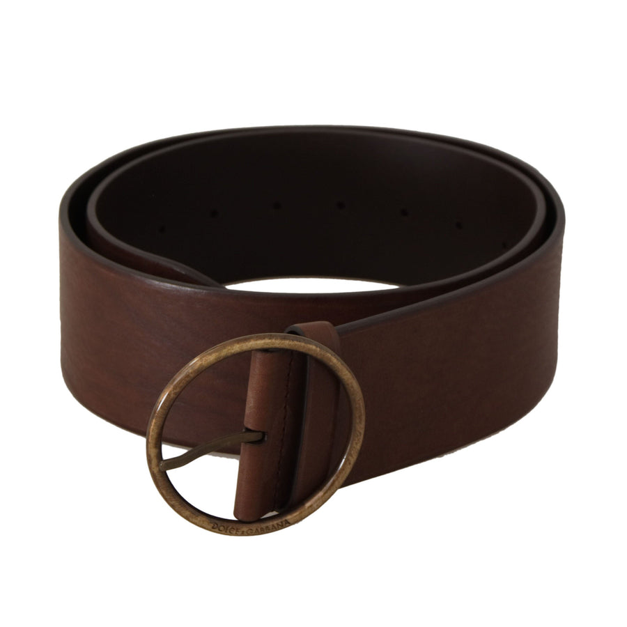 Dolce & Gabbana Brown Leather Wide Waist Logo Metal Round Buckle Belt