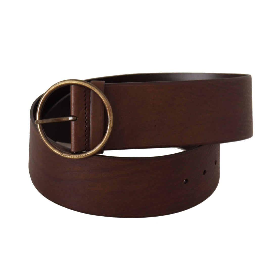 Dolce & Gabbana Brown Leather Wide Waist Logo Metal Round Buckle Belt