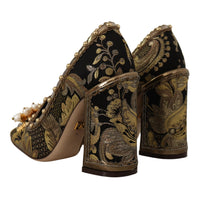 Dolce & Gabbana Gold Crystal Square Toe Brocade Pumps Shoes