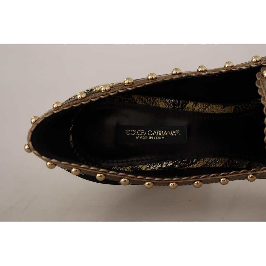 Dolce & Gabbana Gold Crystal Square Toe Brocade Pumps Shoes