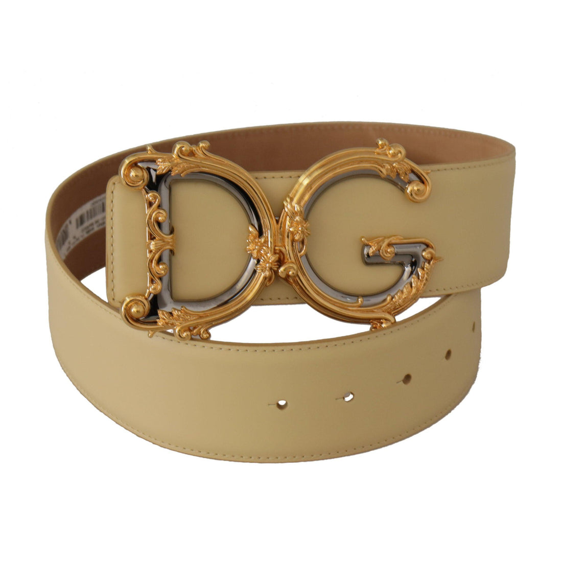 Dolce & Gabbana Beige Leather Engraved Buckle Belt