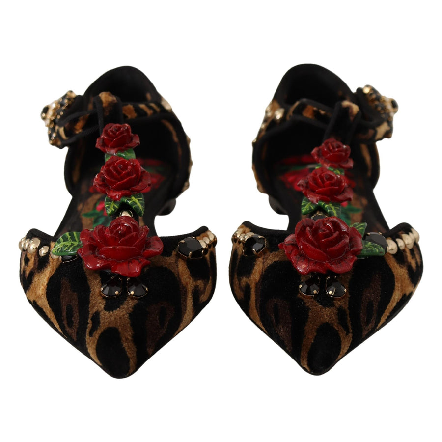 Dolce & Gabbana Floral Embellished Leopard T-Strap Sandals