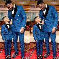 Blue Jacquard Father And Son Men Suits Set Wedding Tuxedos 2 Pieces Blazer+Pant Party Groom Suits Custom Made Costumes Hommes