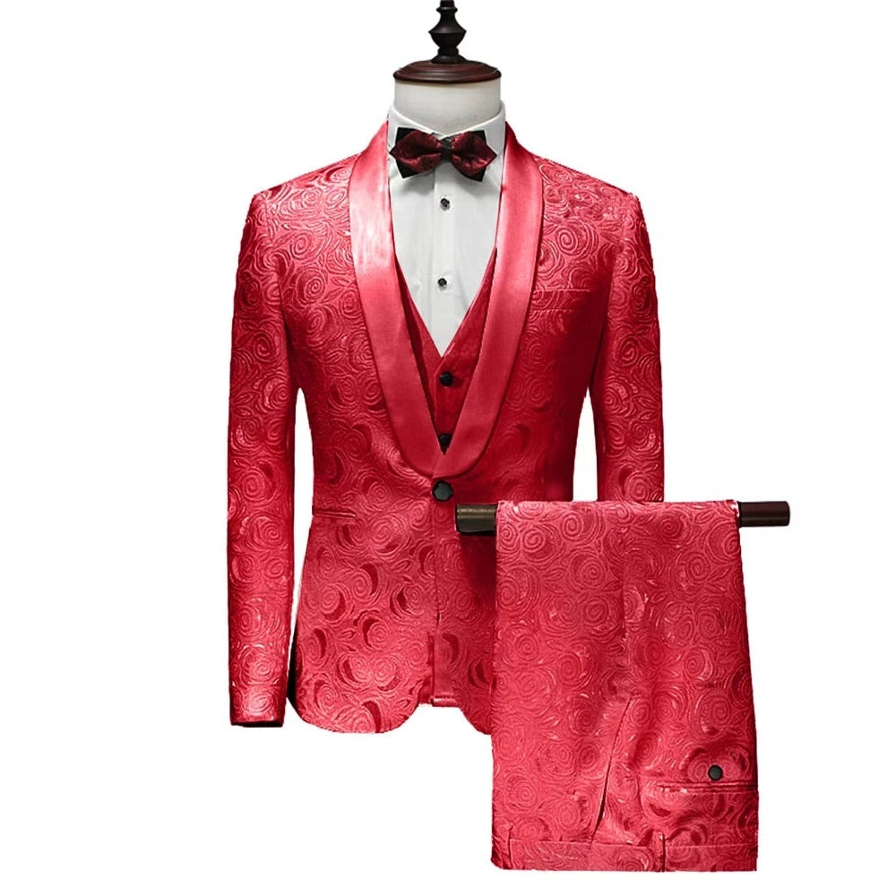 Men Suits Set Jacquard Groom Wedding Tuexdos 3 Piece Custom Made Formal Male Blazer Shawl Lapel Slim Fit Jacket Pants Vest