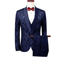 Men Suits Set Jacquard Groom Wedding Tuexdos 3 Piece Custom Made Formal Male Blazer Shawl Lapel Slim Fit Jacket Pants Vest