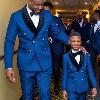 Blue Jacquard Father And Son Men Suits Set Wedding Tuxedos 2 Pieces Blazer+Pant Party Groom Suits Custom Made Costumes Hommes