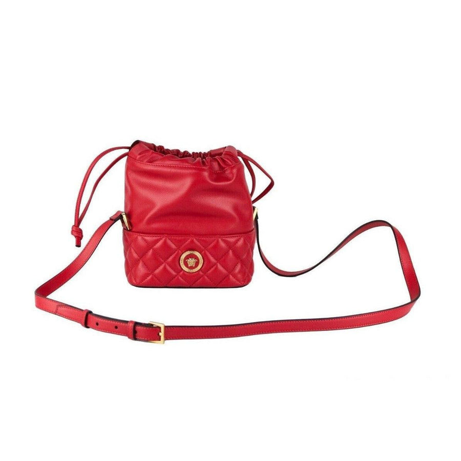 Versace Red Quilted Leather Drawstring Shoulder Bag Bucket Crossbody Handbag