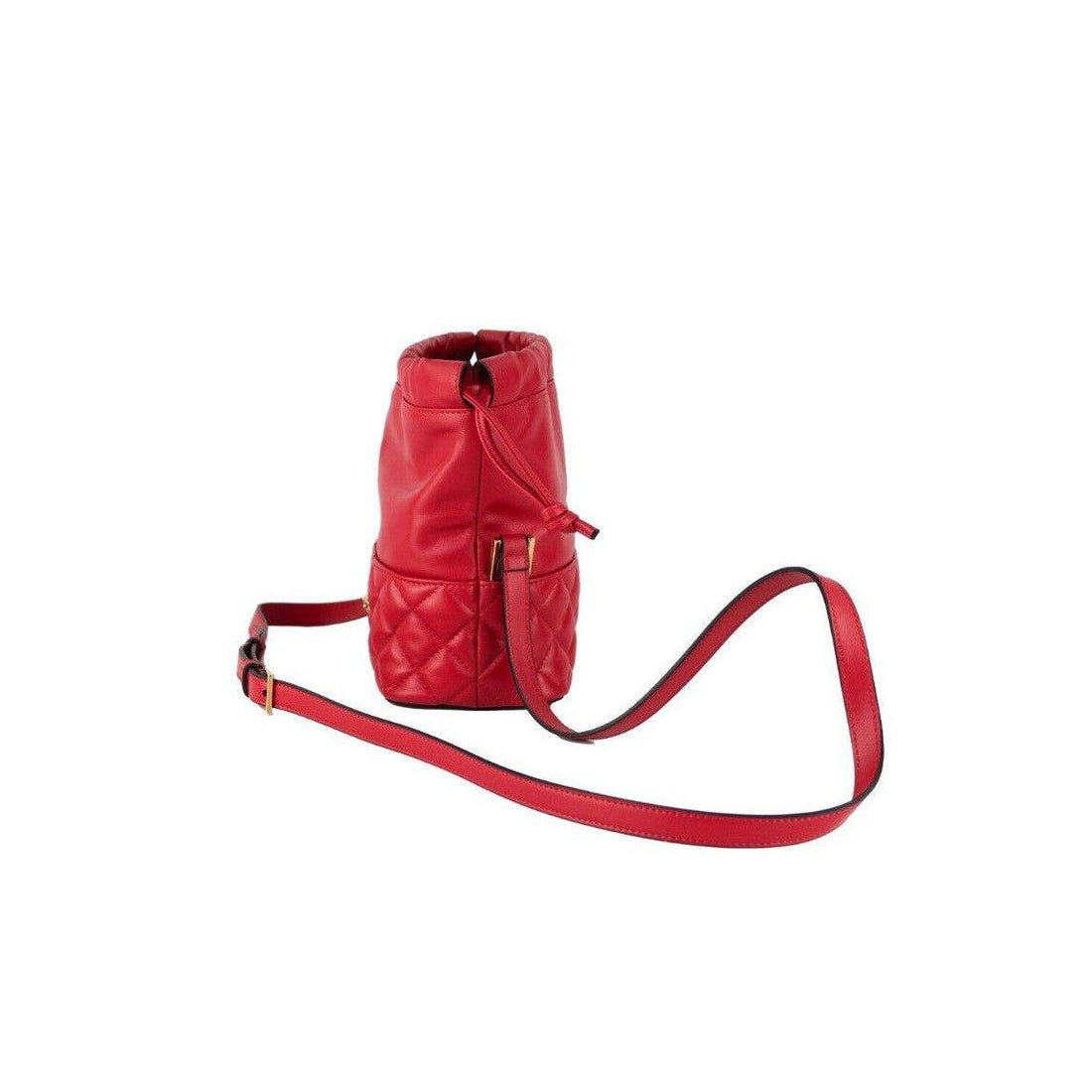 Versace Red Quilted Leather Drawstring Shoulder Bag Bucket Crossbody Handbag