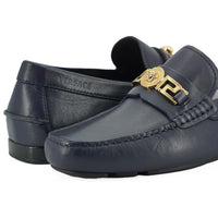 Versace Elegant Navy Blue Calf Leather Loafers