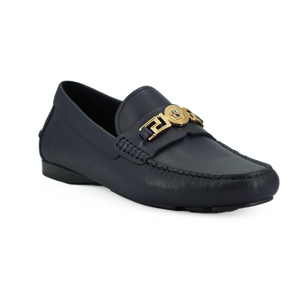 Versace Elegant Navy Blue Calf Leather Loafers