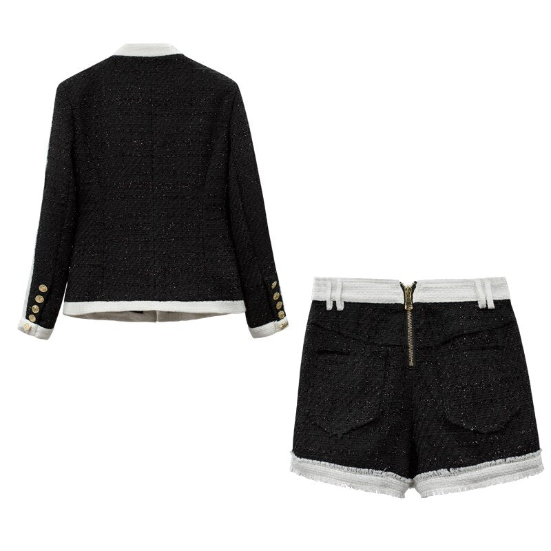 Deux Pièces Gris Short &amp; Cardigan Gris &amp; Boutons Dorés - Paris Deluxe