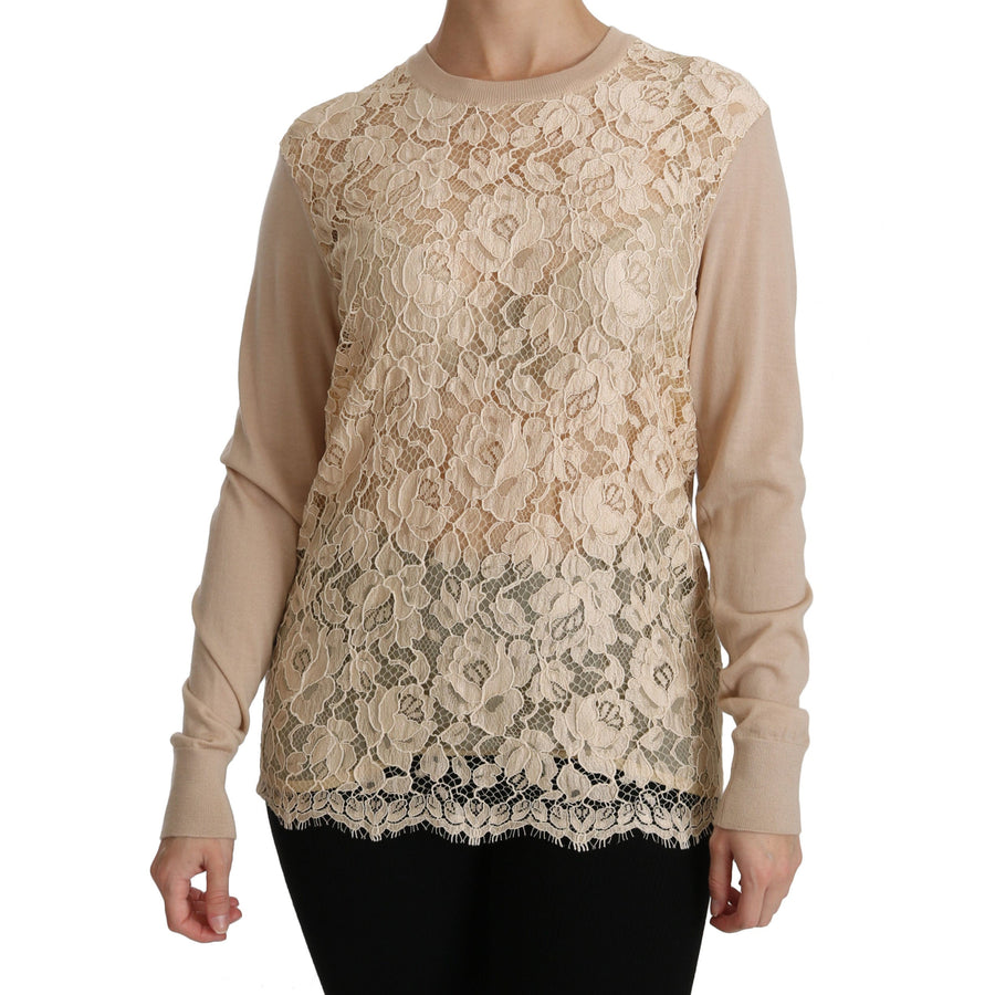 Dolce & Gabbana Beige Lace Long Sleeve Top Cashmere Blouse - Paris Deluxe