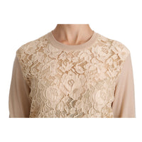 Dolce & Gabbana Beige Lace Long Sleeve Top Cashmere Blouse - Paris Deluxe