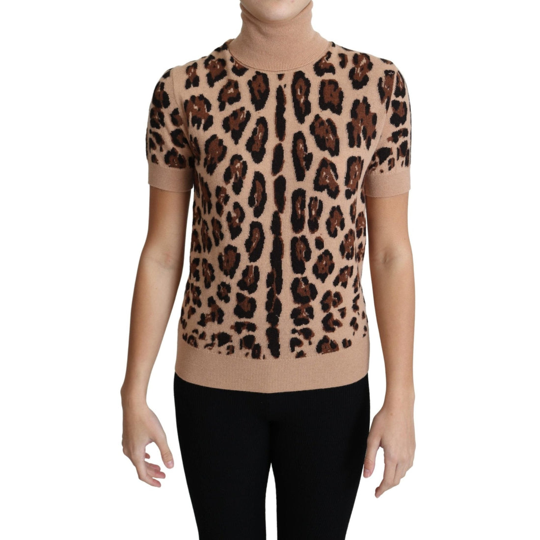 Dolce & Gabbana Beige Leopard Cashmere Print Turtleneck Top - Paris Deluxe