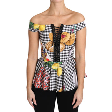 Dolce & Gabbana Black and White Corset Blouse Sicily Lemon Check Top - Paris Deluxe