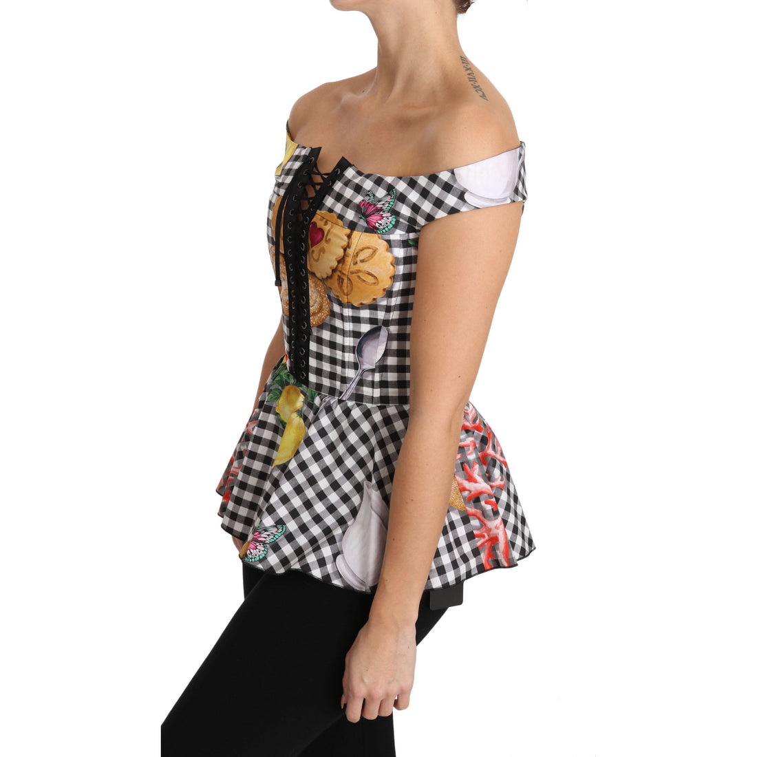 Dolce & Gabbana Black and White Corset Blouse Sicily Lemon Check Top - Paris Deluxe