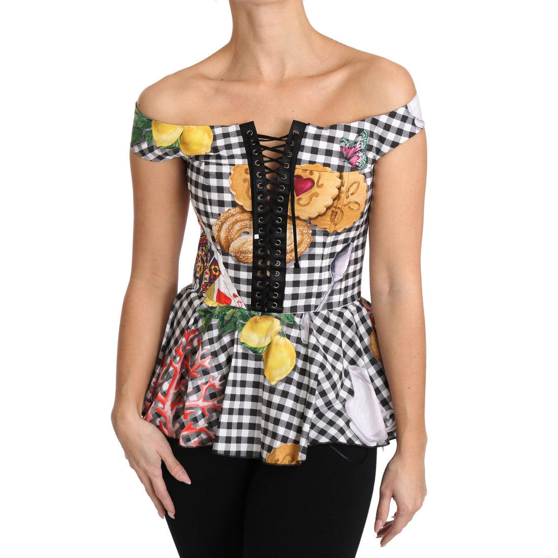 Dolce & Gabbana Black and White Corset Blouse Sicily Lemon Check Top - Paris Deluxe