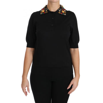 Dolce & Gabbana Black Cashmere Crystal Collar Top T-Shirt - Paris Deluxe