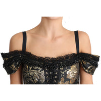 Dolce & Gabbana Black Gold Floral Jacquard Crystal Blouse - Paris Deluxe